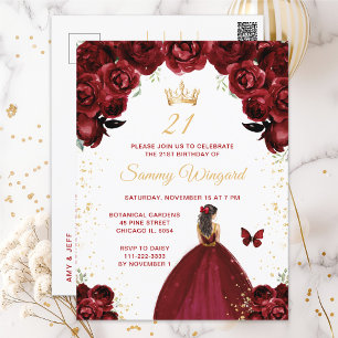 Burgunderrote braunhaarige Prinzessin Geburtstagsf Postkarte