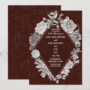 Burgunderrote Diamantene Vintage Blumen Hochzeit Einladung