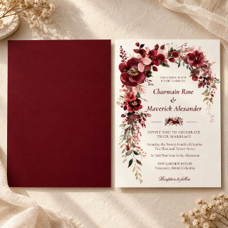 Burgunderrote Florale Hochzeit Einladung