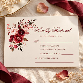 Burgunderrote Florale Hochzeit RSVP Karte
