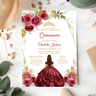 Burgunderrote Florale Quinceanera-Geburtstagsfeier Einladung