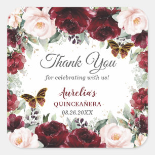 Burgunderrote Florale Quinceañera Schmetterlinge Quadratischer Aufkleber