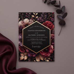 Burgunderrote florale romantische Hochzeit mit Sti Einladung