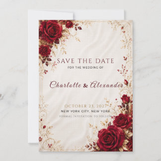 Burgunderrote Goldene Florale Save-the-Date-Karte Dankeskarte