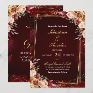 Burgunderrote & Goldene Rahmen Blumen Hochzeitsein Einladung