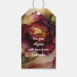 Burgunderrote Goldene Rose Florale Brautparty Geschenkanhänger