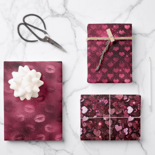 Burgunderrote Küsse Lippen Herzen Brautparty Liebe Geschenkpapier Set