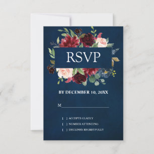 Burgunderrote Navy-Blumen Boho-Hochzeit RSVP Karte