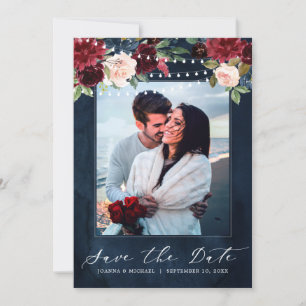 Burgunderrote Navy-Blumen-Rustikal-Boho-Foto Save The Date