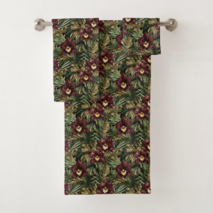 Burgunderrote Orchideen-Blumen-Tropen  Badhandtuch Set
