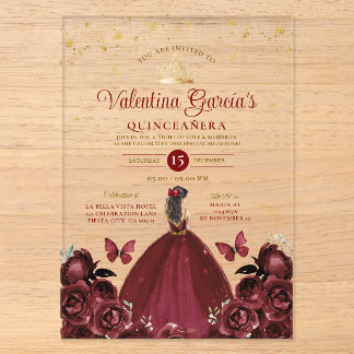Burgunderrote Quinceañera 15 Anos Blumen Gold Acryleinladungen