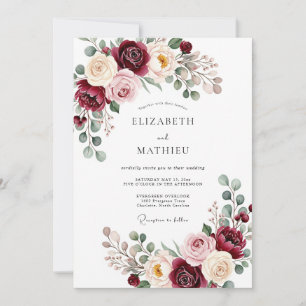 Burgunderrote Romantische Blumige Hochzeit Einladung