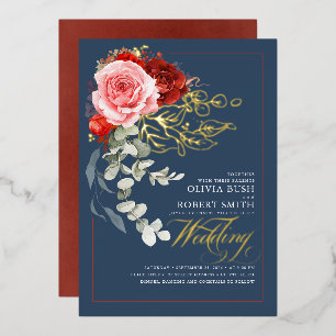 Burgunderrote rosa Blumen Boho Navyblaue Hochzeit Folieneinladung