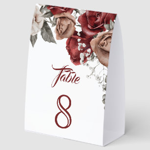 Burgunderrote Rosen Florale Hochzeit Tischnummer Tischaufsteller