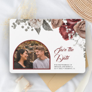 Burgunderrote Rosen Florale Hochzeitsfoto Save The Date