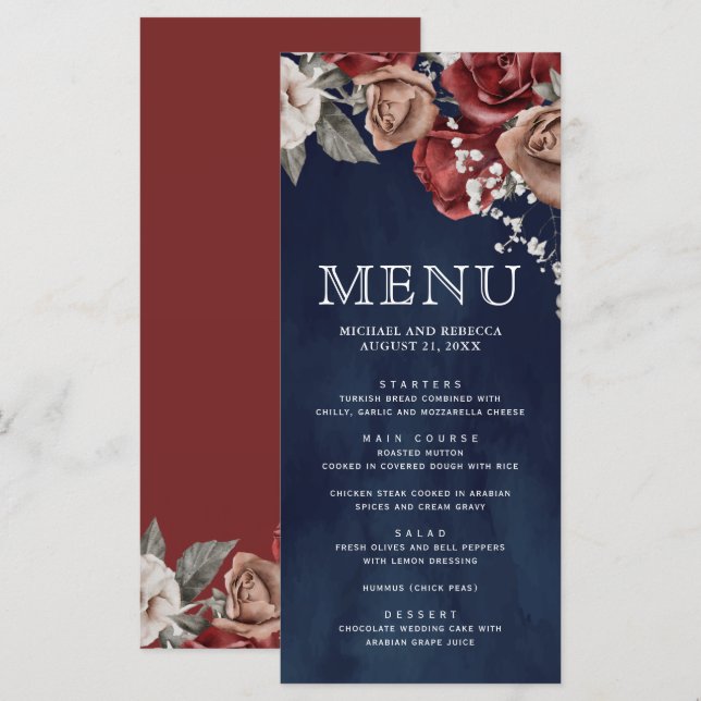 Burgunderrote Rosen Florale Navyblaue Hochzeit Menükarte (Vorne/Hinten)