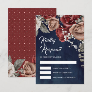 Burgunderrote Rosen Florale Navyblaue Hochzeit RSVP Karte