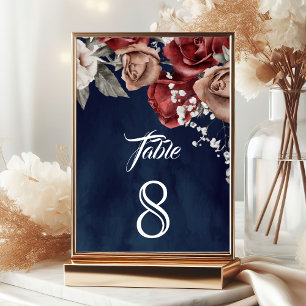 Burgunderrote Rosen Florale Navyblaue Hochzeit Tischnummer