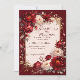 Burgunderrote Rosen goldener Rahmen Elegante Hochz Einladung