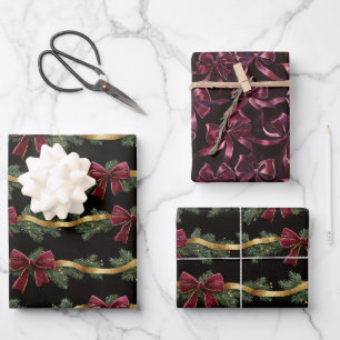 Burgunderrote Schleifen Goldene Bänder Weihnachten Geschenkpapier Set