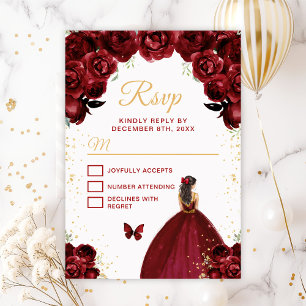 Burgunderrote und goldene braunhaarige Prinzessin RSVP Karte