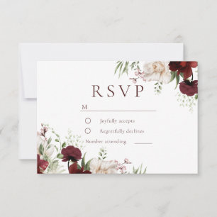 Burgunderrote und weiße Blumen elegante Hochzeit RSVP Karte