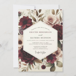 Burgunderrote viktorianische Flora-Hochzeit Einladung