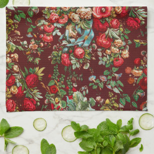 Burgunderrote Vintage-Blumen-Chintz-Cottage-Garten Geschirrtuch