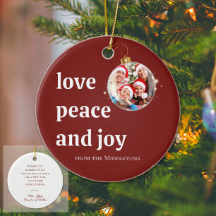 Burgunderrote Weihnachtsfamilienfoto Liebe Frieden Keramik Ornament