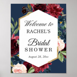 Burgunderroter Blush-Blauer Blumen-Hochzeitsdusche Poster