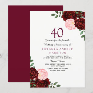 Burgunderroter Floral-Blush zum 40. Hochzeitstag Einladung