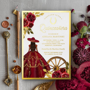 Burgunderrotes Blumenkleid Charro Quinceanera Gold Folieneinladung