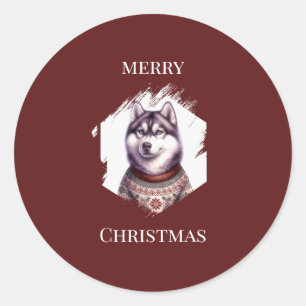 Burgunderrotes Frohe Weihnachten Husky Ferien Runder Aufkleber