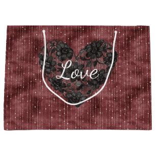 Burgunderstreifen Schwarze Kunstspitze Florales He Große Geschenktüte