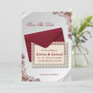 Burgunderumschlag & Weiße Spitze Floral Save the D Ankündigung
