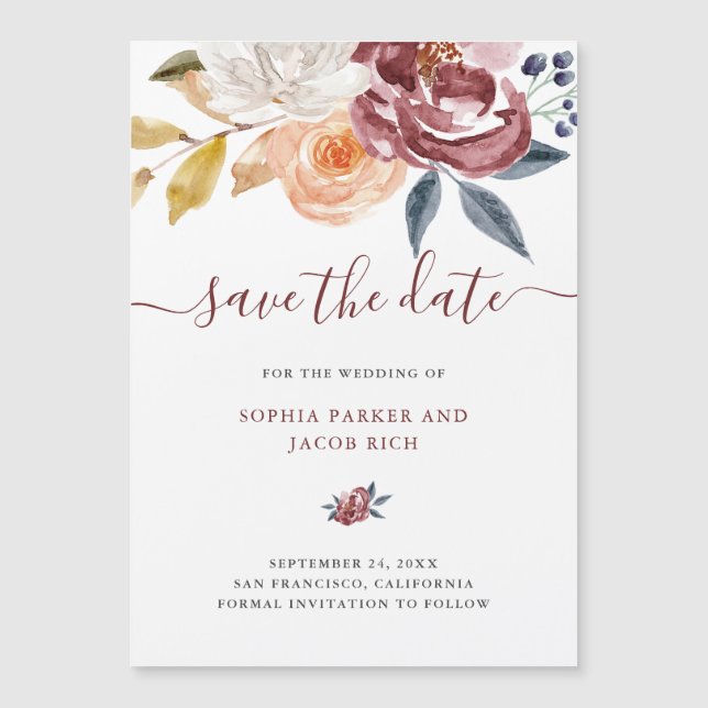 BurgunderWatercolor Blumen|, das Save the Date Magnetkarte (Vorderseite)