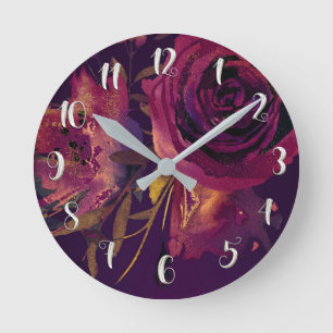 Burgunderwein Floral Rose Purpur Modern Glamourös Runde Wanduhr