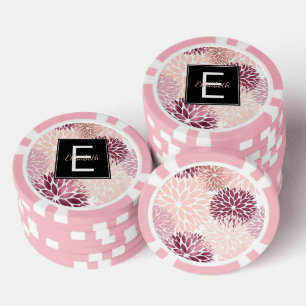 Burgunderwein und rosa Aquarell-Blumenmonogramm Pokerchips