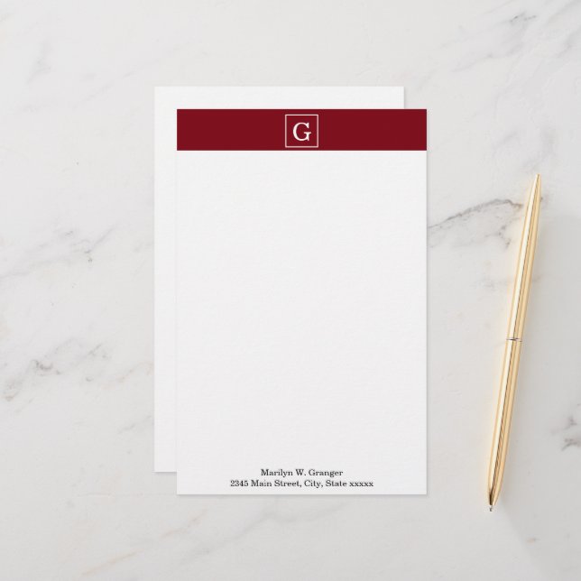 Burgunderweiß gerahmtes Initial-Monogramm Briefpapier (Vorderseite/Rückseite Beispiel)