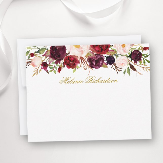 Burgundi Aquarell Personalisiert Mitteilungskarte (Customize to change text color,  text style or to add more text to back of card.)