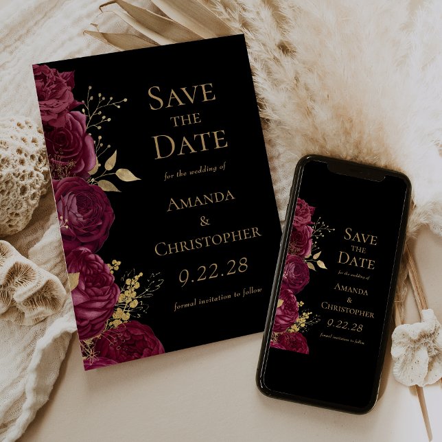 Burgundi Gold Black Floral Save the Date Ankündigung (Von Creator hochgeladen)