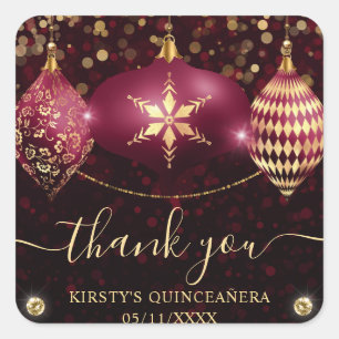 Burgundi Gold Christmas Baubles Quinceanera Quadratischer Aufkleber