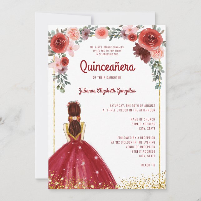 Burgundi Gold Glitzer Bloral Prinzessin Quinceaner Einladung (Vorderseite)