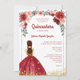 Burgundi Gold Glitzer Bloral Prinzessin Quinceaner Einladung