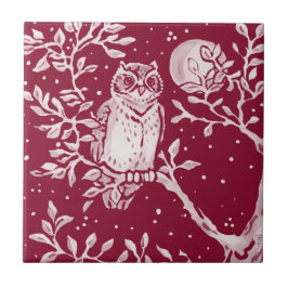Burgundi Owl Moon Night Woodland Foodland Animal  Fliese
