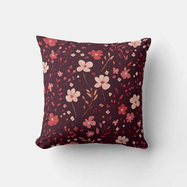 Burgundkissen mit rosa und weißem Blumenmuster Kissen (Vorderseite)