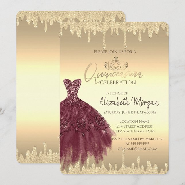 Burgundkleid, Glitzer Tropfen Gold Quinceañera Einladung (Vorne/Hinten)