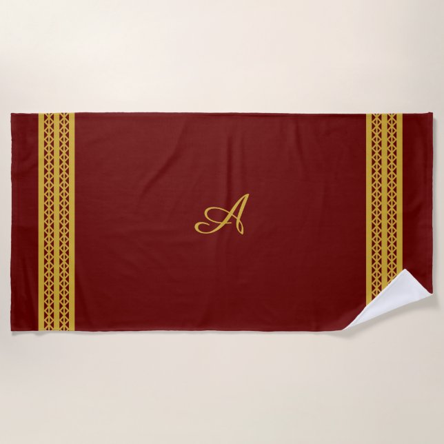 Burgundred mit Gold Monogram & Diamond Muster Strandtuch (Vorderseite)