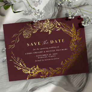 Burgundrot und Gold Luxuriöse Floral Save-the-Da Folieneinladung