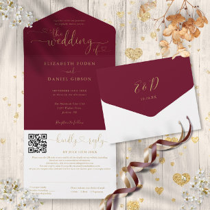 Burgundrote und goldene Hochzeit im Herzen des QR- All In One Einladung